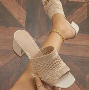 Women Minimalist Mule Sandals, Fabric Chunky Heeled Elegant Sandals